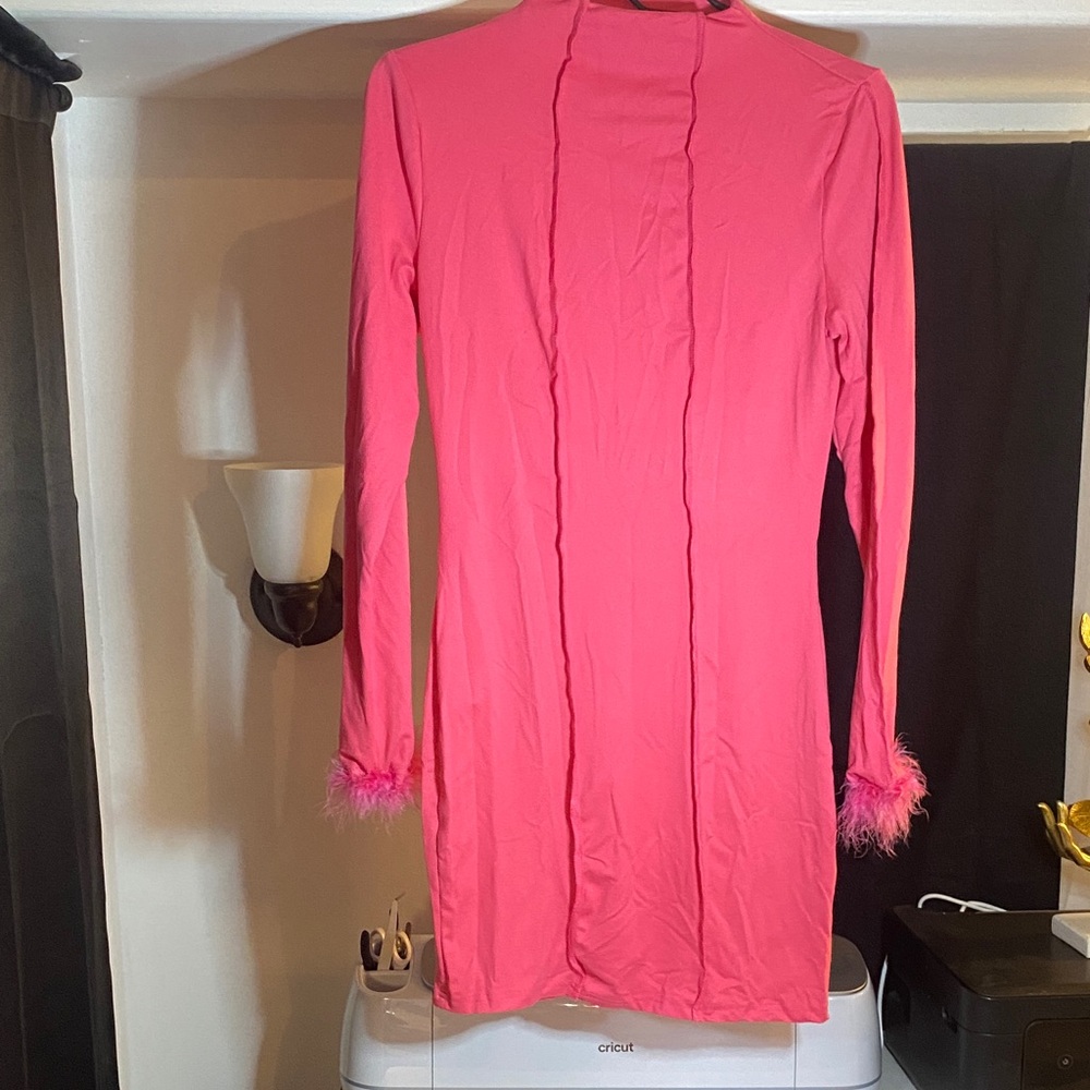 Pink Long Sleeve Dress with Feather Cuffs